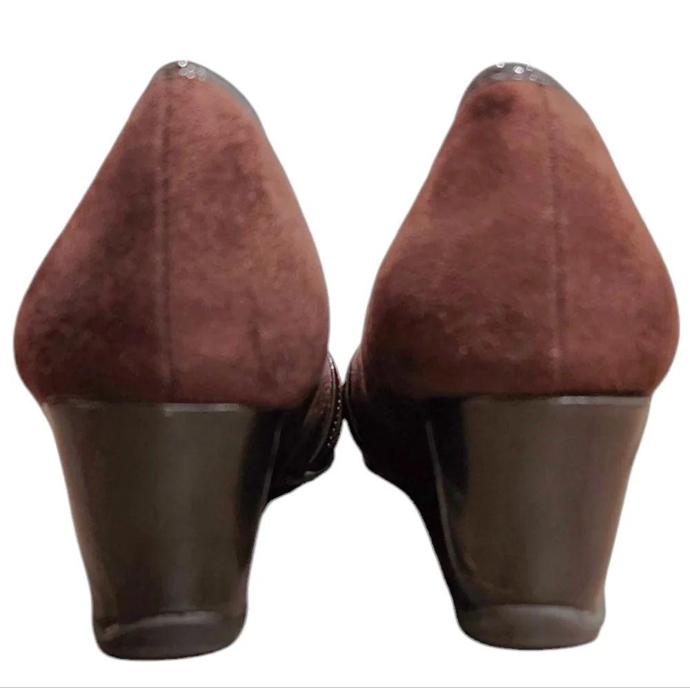 ❤️2/$18 Jaclyn Smith Brown Suede Wedge Heeled Loafer Leather Shoes 7